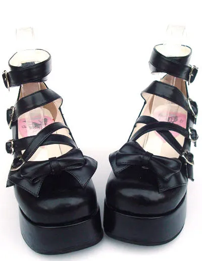 Sweet Matte Black Lolita High Platform Shoes Ankle Straps Heart Shape Buckles Bow